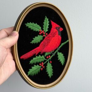 Vintage Hand Embroidered Red Cardinal Art Oval Framed Wall Decor